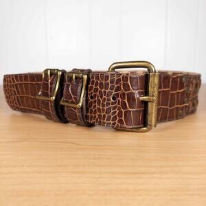 Womens Leatherock Leather Belt Croc Emboss Brass Buckle Laced Details Size M 34